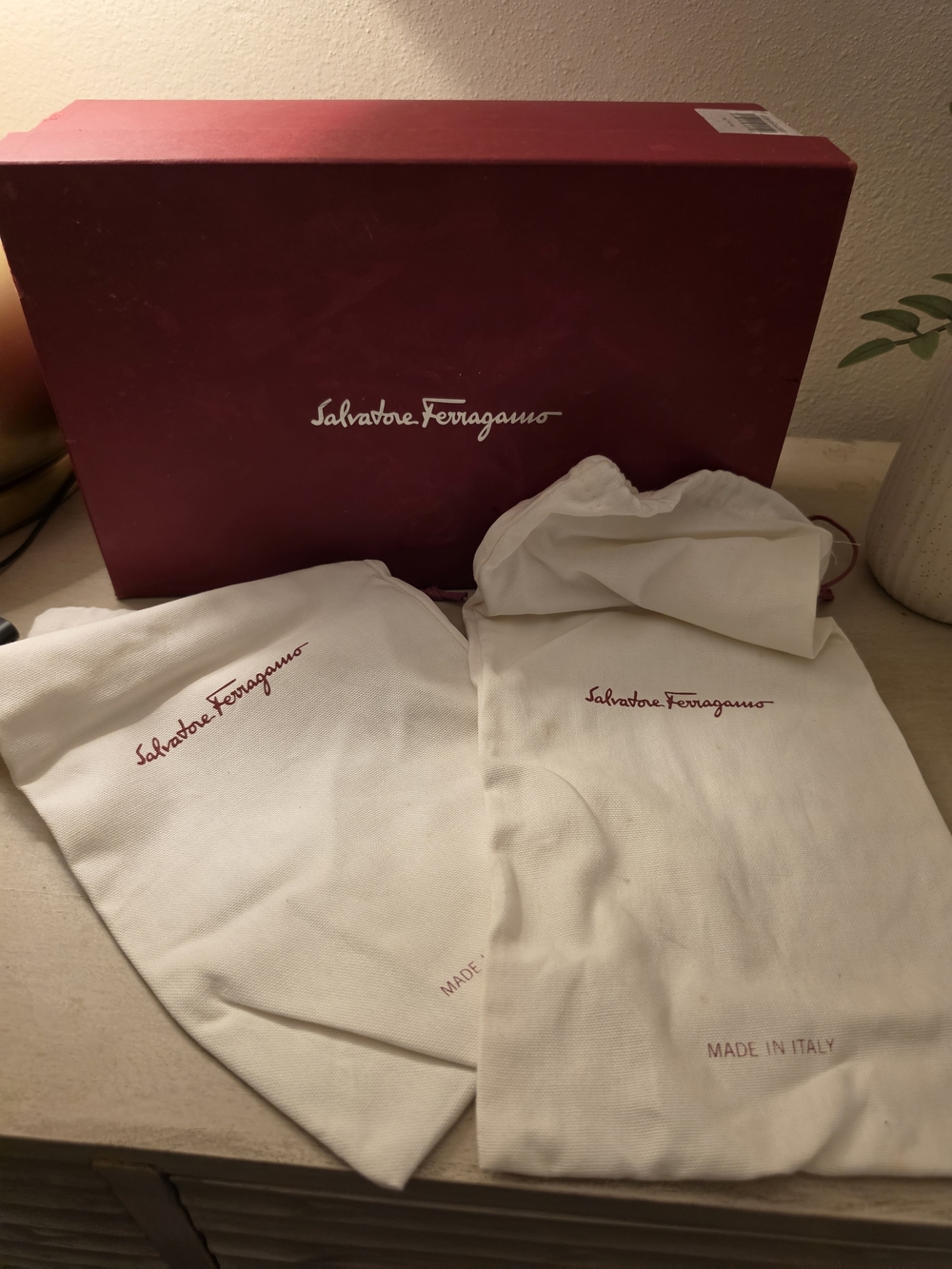 Salvatore Ferragamo Dust Bag & Box Set - Burgundy and Ivory